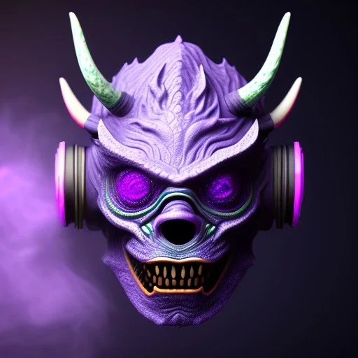 oni purple mask in galaxy, teal and purple smoke, detailed, realistic, 4k