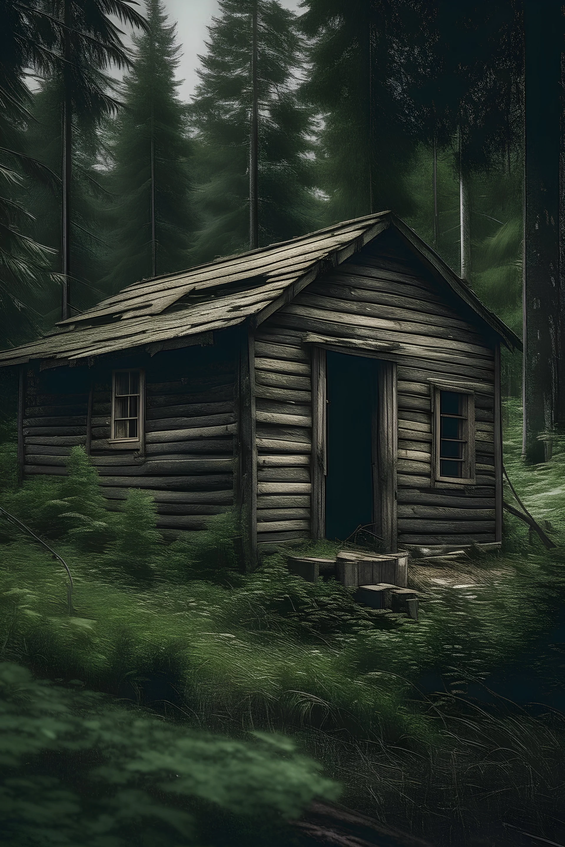 una cabaña vieja saliendo del bosque