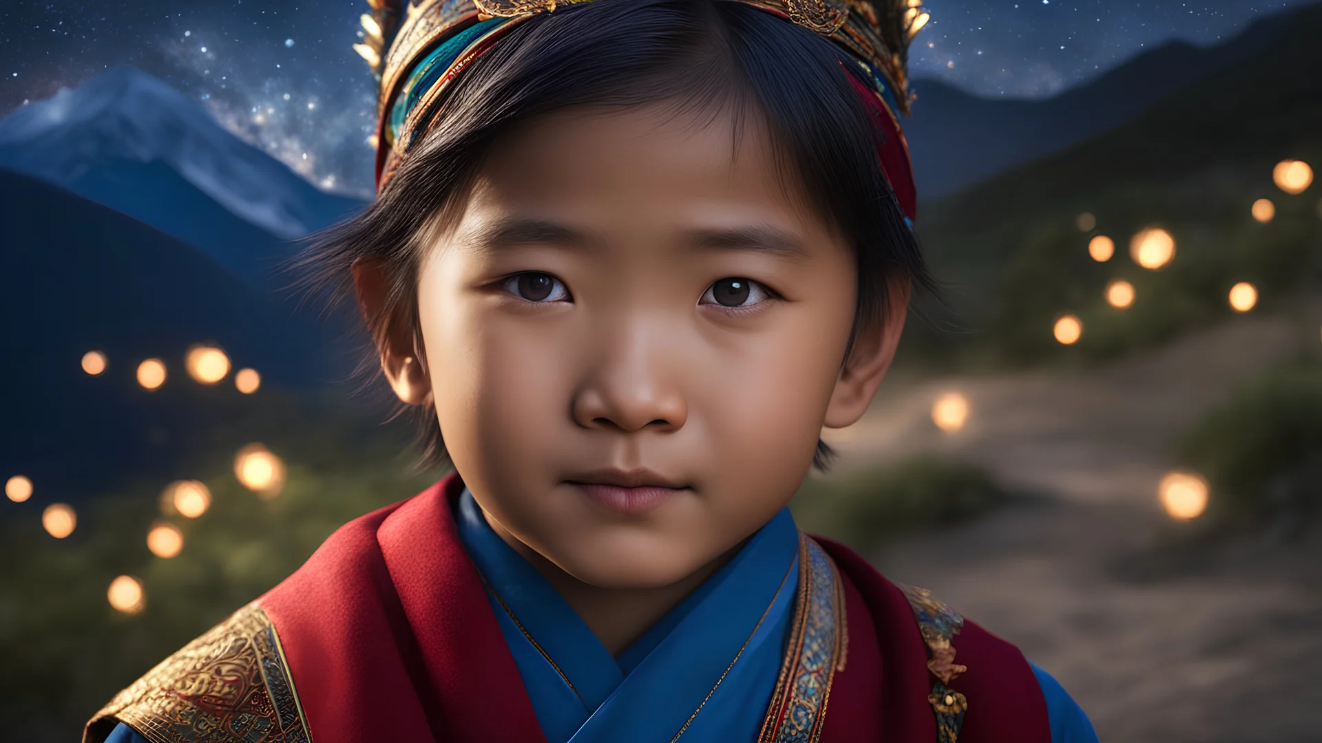 little very young Tibetan boy, handsome, peaceful, gentle, confident, calm, wise, happy, facing camera, head and shoulders, traditional Tibetan costume, perfect eyes, exquisite composition, night scene, fireflies, stars, Himalayan view, beautiful intricate insanely detailed octane render, 8k artistic photography, photorealistic concept art, soft natural volumetric cinematic perfect light, chiaroscuro, award-winning photograph, masterpiece, Raphael, Caravaggio, Bouguereau, Alma-Tadema