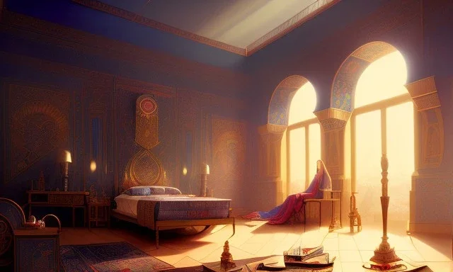 bedroom in Egypt, cinematic, 8k, resolution concept art portrait by Greg Rutkowski, Artgerm, WLOP, Alphonse Mucha dynamic lighting hyperdetailed intricately detailed