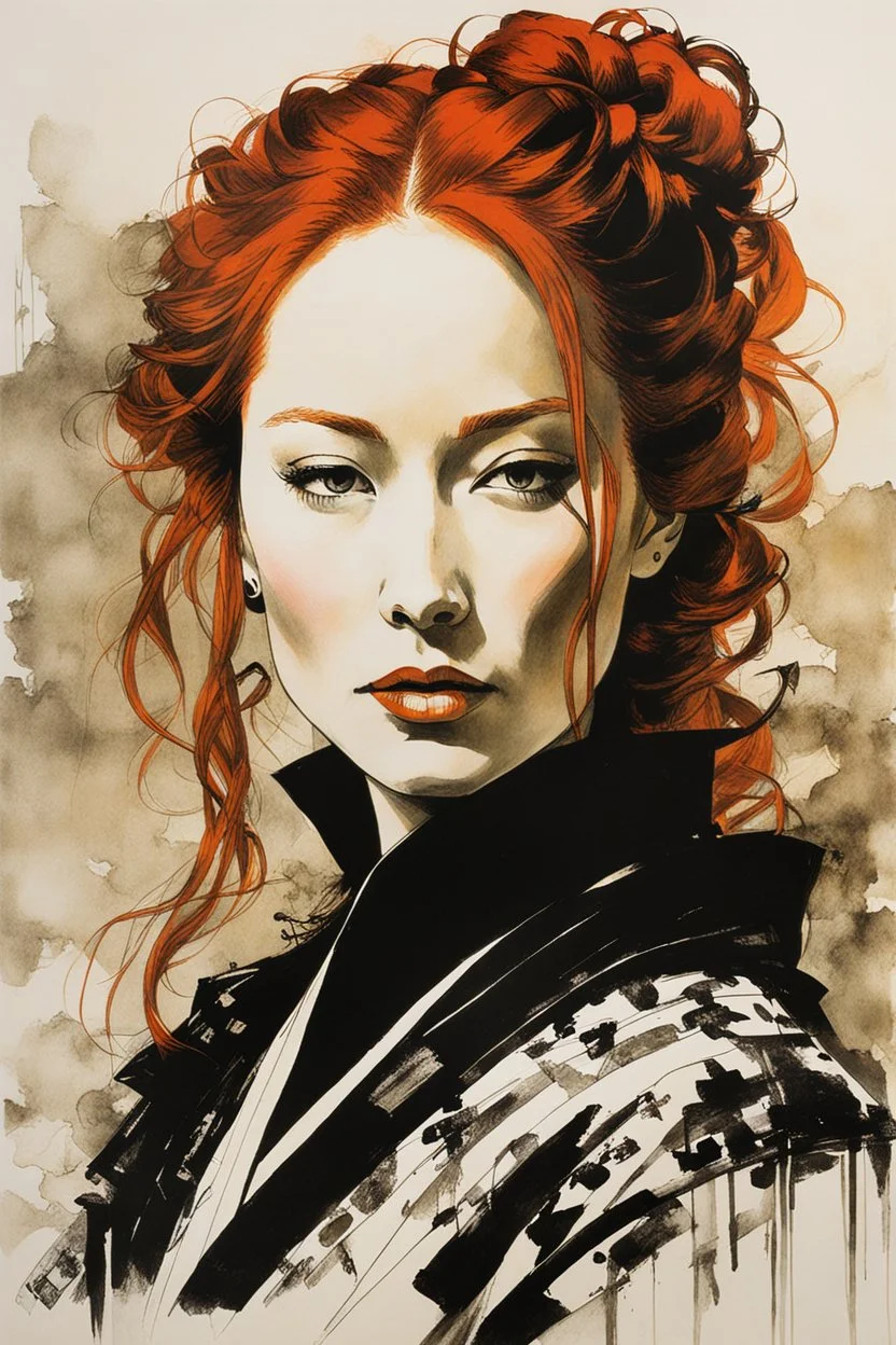 Tori Amos as a malevolent goth vampire girl , painting by Yoji Shinkawa and Katsushika Hokusai