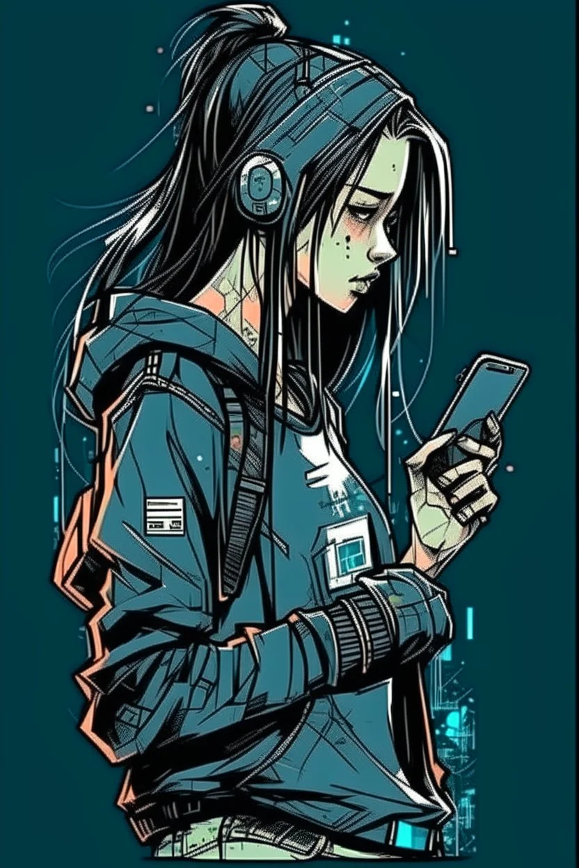 girl, profile, cyberpunk, holding a cellphone, comic book art style, geek, engineer, t-shirt, jeans, drug addict, ,