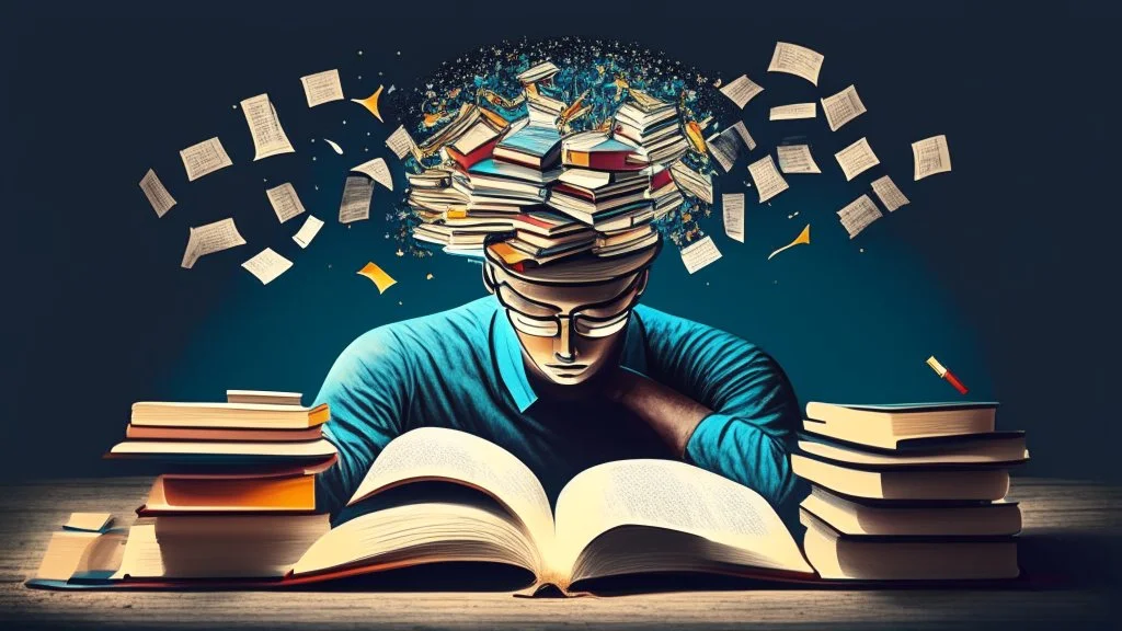 Description of the image: An image representing a person engaged in focused reading and learning, with books and articles spread out in front of them, symbolizing dedication to continuous learning and self-improvement.