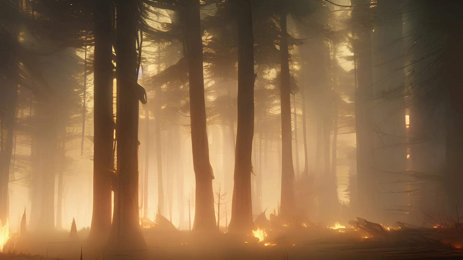 burning forest realistic, cyberpunk modern photorealistic, in the style of , Deviant art, sunlight, post-processing intricate details Octane elegant Unreal Engine cinematic fine details reflections