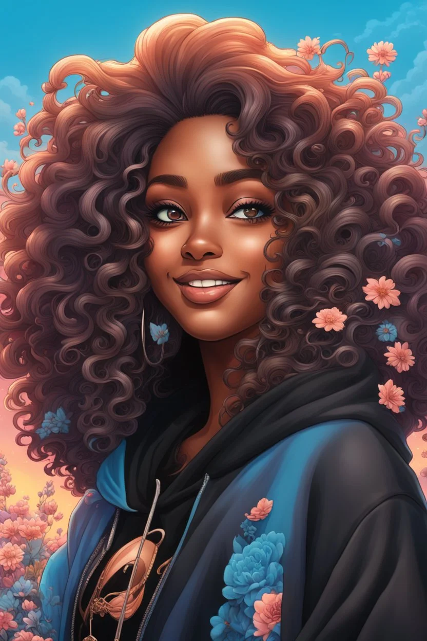 vibrant psychedelic urban culture image, airbrush, 48k, cartoon art image of a black curvy female looking to the side smiling with a large mane of curly ombre hair flowing through the wind while she has a black hoodie on, prominent makeup with hazel eyes, highly detailed hair, background peach and light blue flowers surrounding her, dystopian