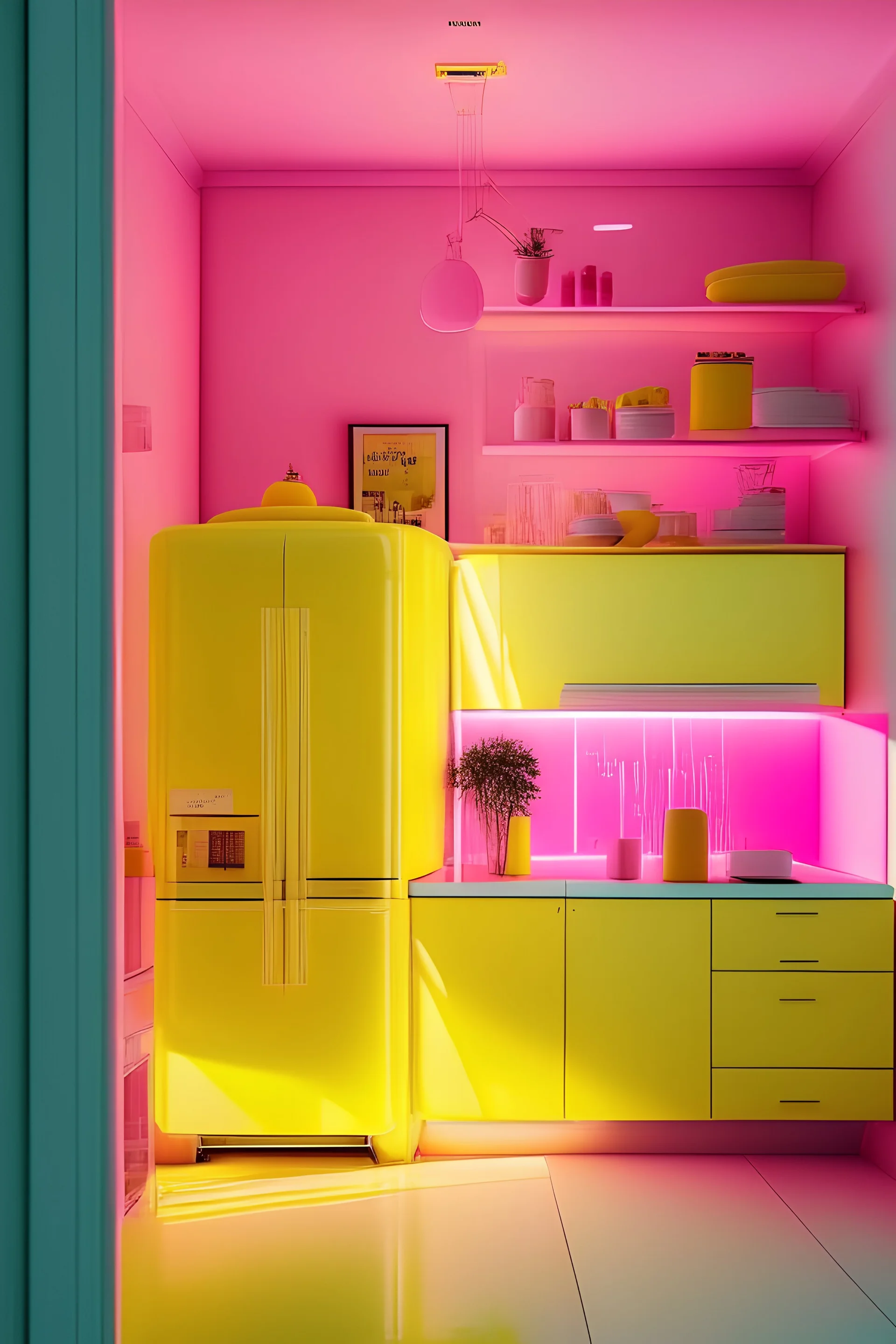 Kitchen, yellow walls, transparent glass furniture, modern, LED pink lighting, modern art, cool vibes, yellow fridge