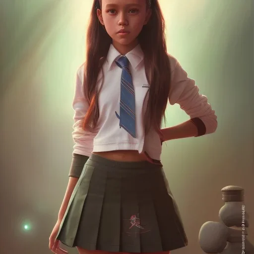 Jenna ortega with school uniform, seifuku, pleated miniskirt, overknee socks, painted by artgerm and tom bagshaw, fantasy art, dramatic lighting, highly detailed oil painting, volumetric lighting