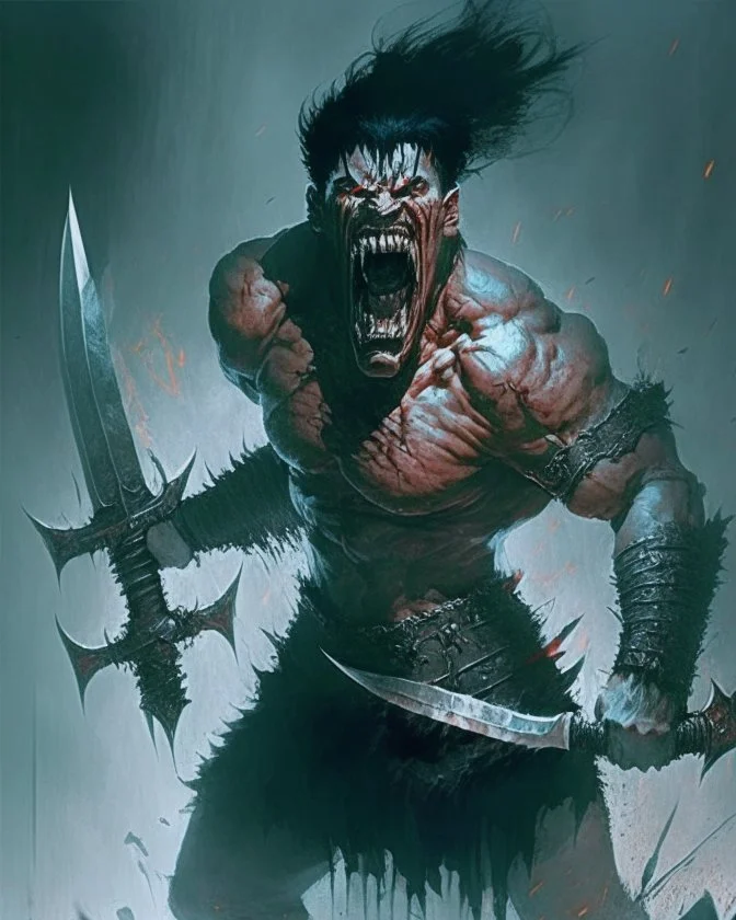 cursed apocaliptic screaming scary human berserker meaty black short hair big greatsword