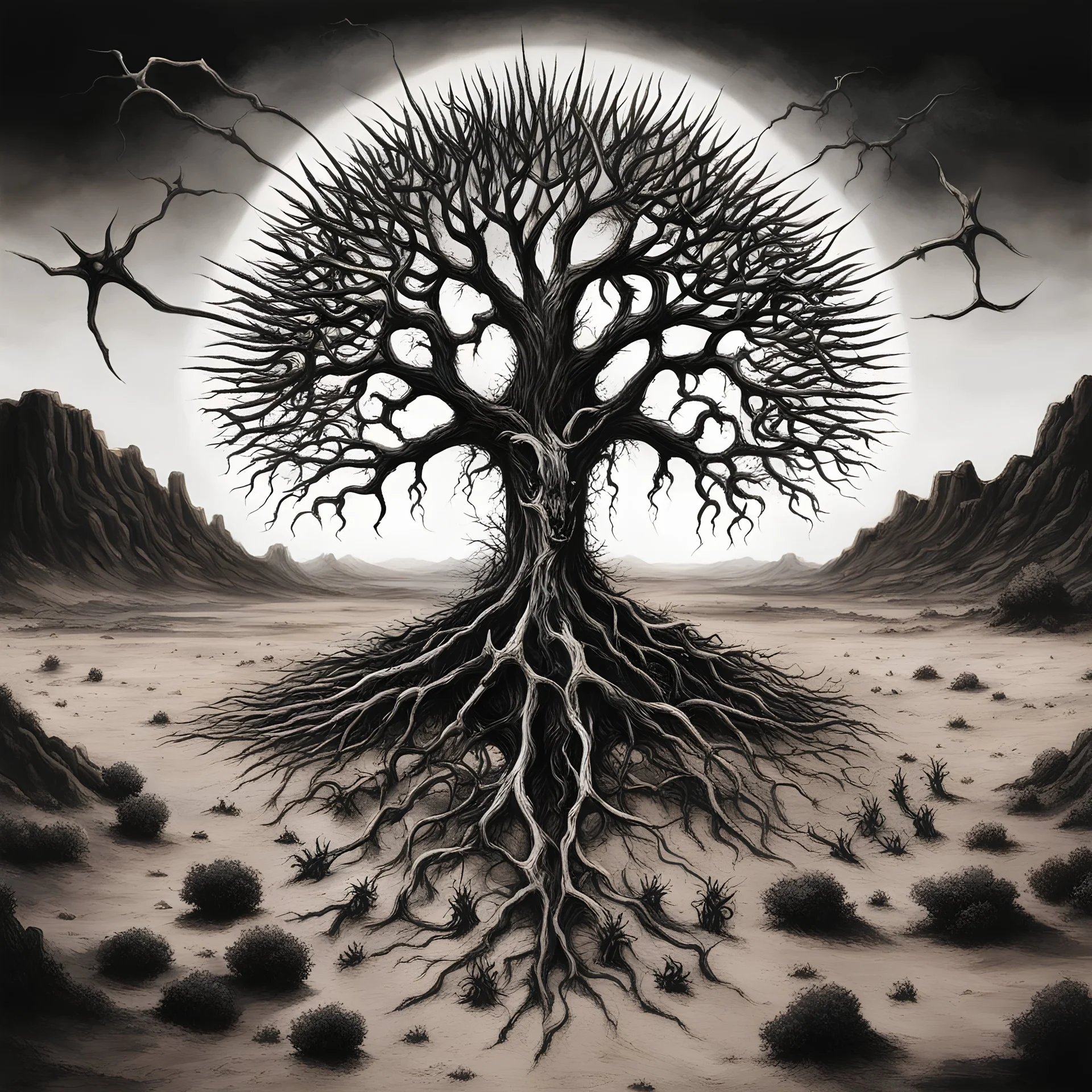 striking black metal album art depicting a spiky tree of life in an arid landscape with bones, black and white