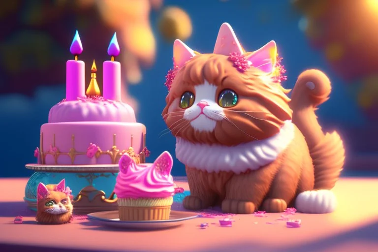 cute fluffy chibi cat birthday cake in sunshine Weight:1 detailed matte painting, deep color, fantastical, intricate detail, splash screen, complementary colors, fantasy concept art, 8k resolution trending on Artstation Unreal Engine 5 Weight:0.9