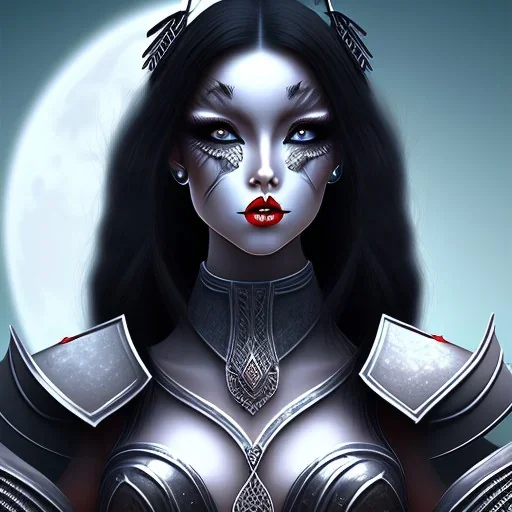 black hair lady warrior top with blade under the Moon