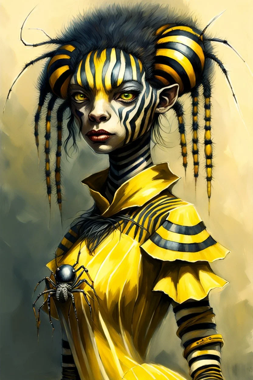 Artist Jean-Baptiste Monge style. A humanoid biomorph Zebra-Spider faced woman. Yellow eyes. A yellow striped ress, covered with spider legs.