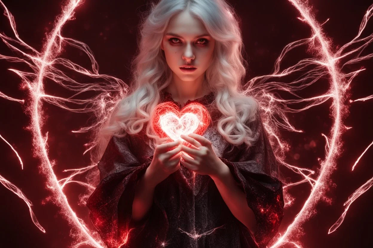 Wizard girl with a heart bleed in her hands, half demon and half angel, sparks around, macro photography,