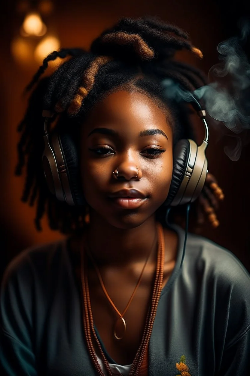 earthy black young woman listening to music with small old school headphones, soul, peace, majestic, earthy colours, at peace, happy, incense, jewels, bands, natural, old school headphones, blasian eyes, incense, no epicanthal eye folds, very darker skin tone