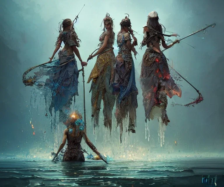 Insanely detailed photography of a FOUR beautiful girls representing water, earth, fire and air, intricate and hyperdetailed painting by Ismail Inceoglu Huang Guangjian and Dan Witz CGSociety ZBrush Central fantasy art album cover art 4K 64 megapixels 8K resolution HDR