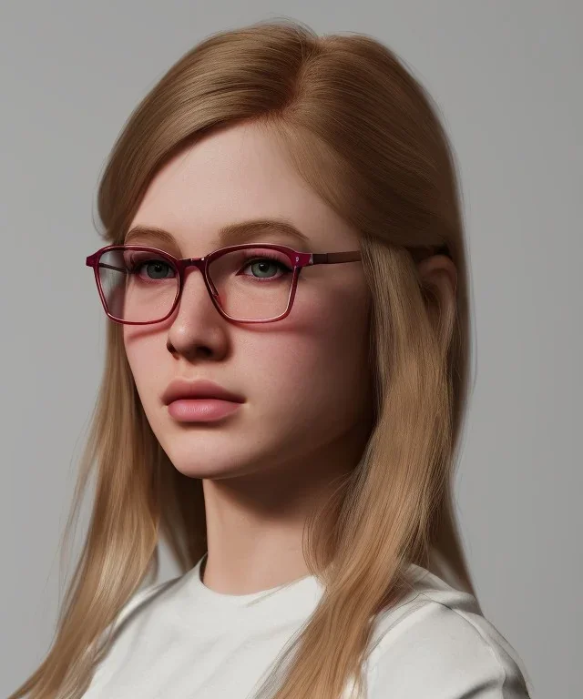 a young woman, BLONDE hair, green eyes, glasses, deep colors, cyberpunk, great pose, Realistic photography, incredibly detailed, ultra-high resolution, 8k, complex 3d render, cinema 4d.