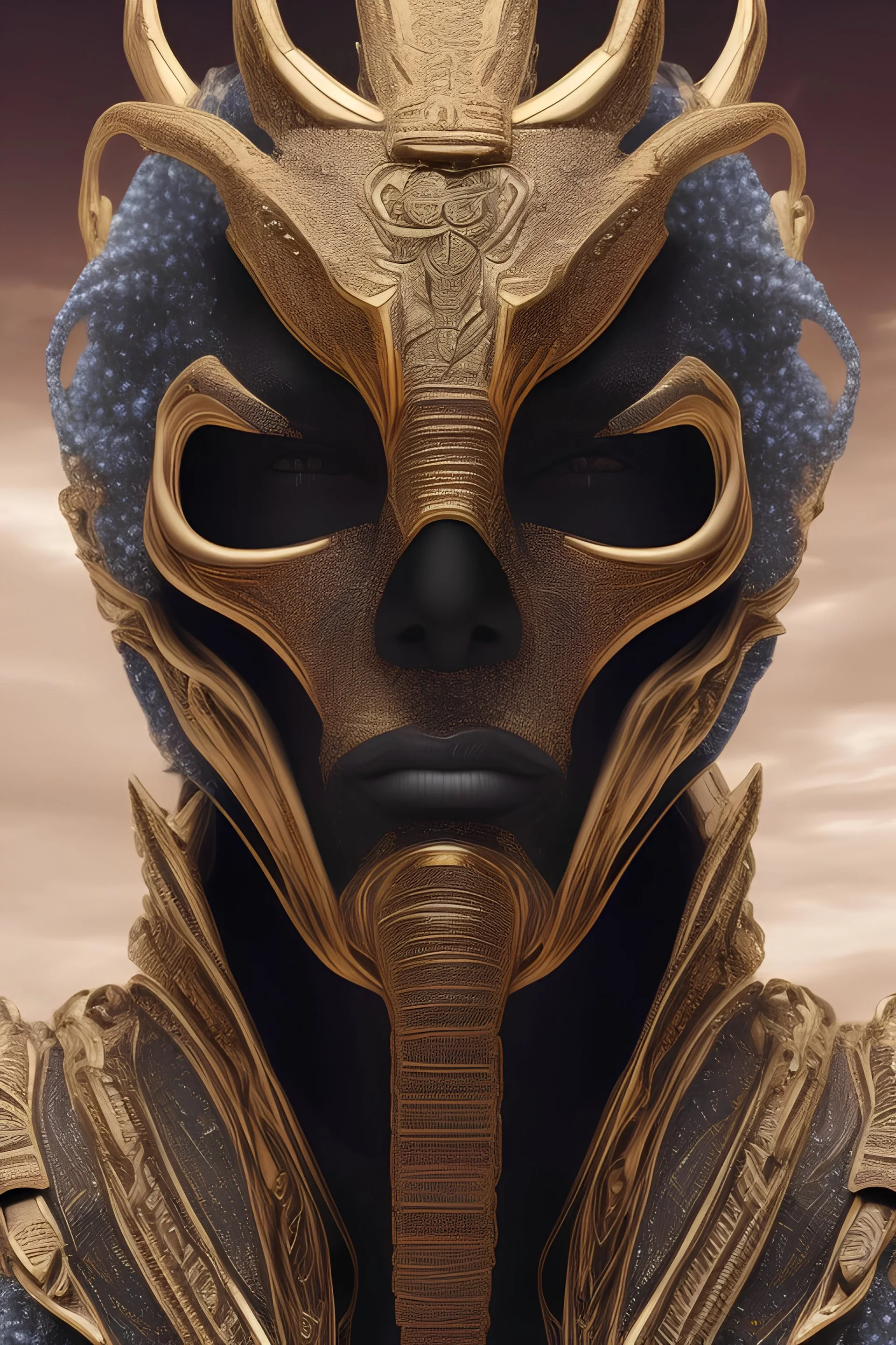 black male African Egyptian alien, cracks in the voodoo head, wicked, eyes, crown, Elephant, 8k, finely detailed, photo realistic, tiger turquoise skull head gold dragon space alien snow skeleton gold teeth silver crown silver space face mask