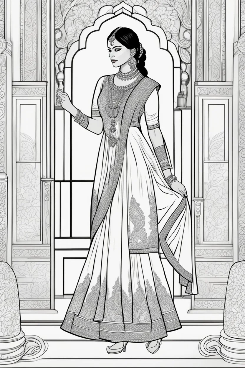 Coloring page for adults of a elegant fashion model woman wearing hindi dress, dynamic poses, full body portrait, thick and clean lines, clean details, no-color, no-turban, , non background, non color, non shading, no-grayscale, dynamic poses, full body portrait, thick and clean lines, clean details, no-color, no-turban, , non background, non color, non shading, no-grayscale