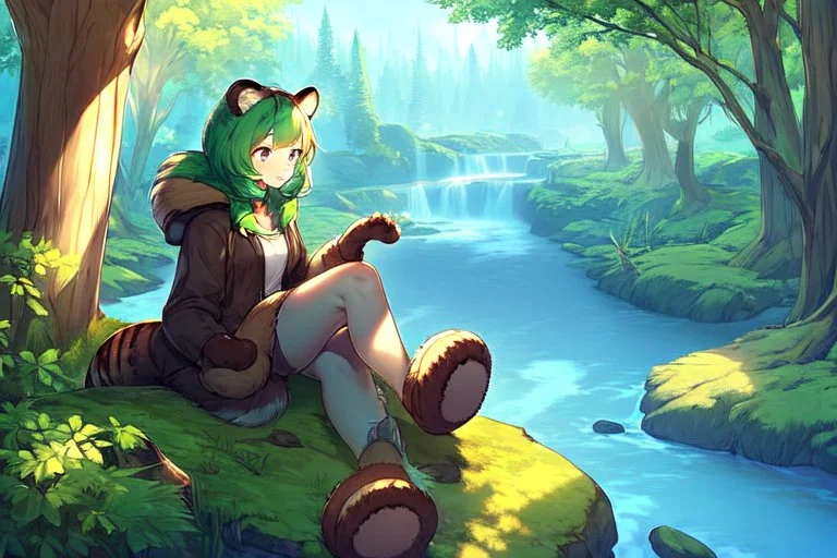 Girl, green hair, raccoon tail, raccoon paws in hand, raccoon paws in foot, forest, river, sit on tree, coat on neck, with tongue out, big tail,