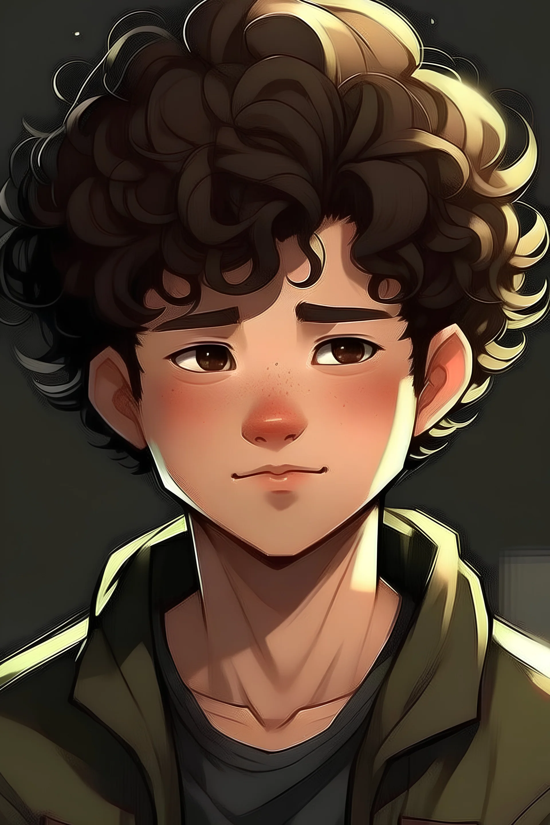 Make a picture of Leon Subin Huiyn hes vietnamese and hes young and he has curly hair and he has chubby cheeks and black hair and hes 13 years old his curly hair is only in the front he has a mid taper fade and his hair is a little shorter its shorte