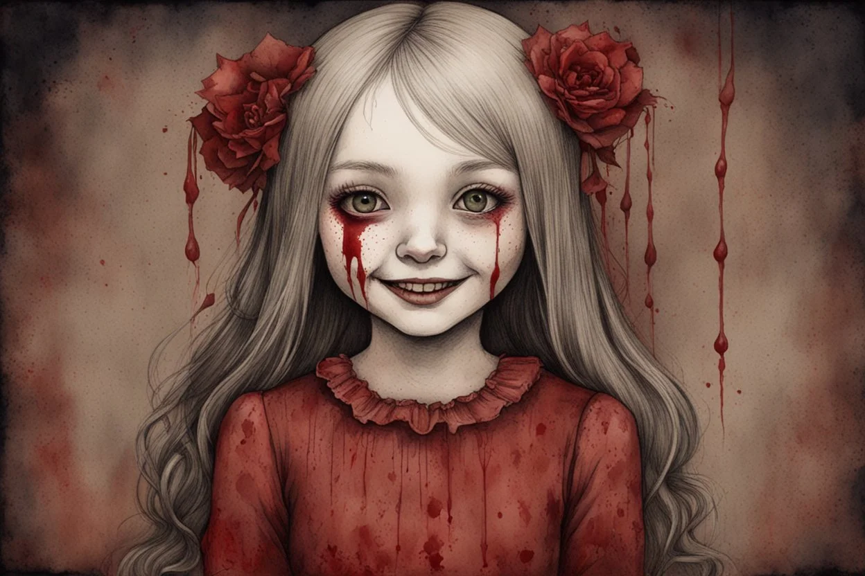 body anormal, smile blood, girl cute, watercolor illustration by <John Kenn Mortensen>, darkred tones,