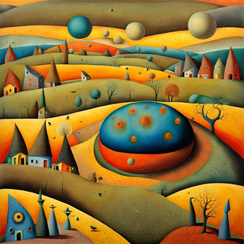 Odd village with innumerable alien odd creatures playing 50's style Max Ernst pointillism pastiche very naïve