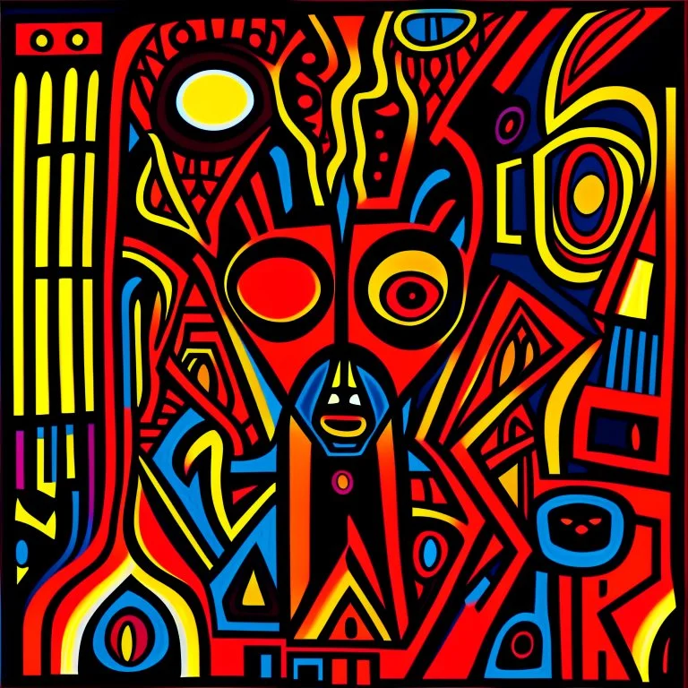 Neon legacy of nyctophoba, by A. R. Penck, mind-bending illustration; asymmetric, warm colors, dark background