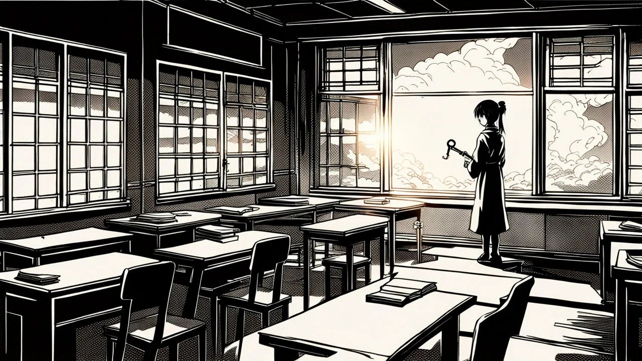 monochromatic japanese classroom with a shadowy figure looking out the window holding a transparent key emanating glow that colors the surroundings, anime