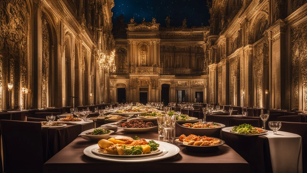 1423, delightful, sensitive, delicious food, banquet, confident, delicate, night, darkness, architecture, filled with delicious food, award-winning photograph, beautiful composition, delicate colour, chiascuro