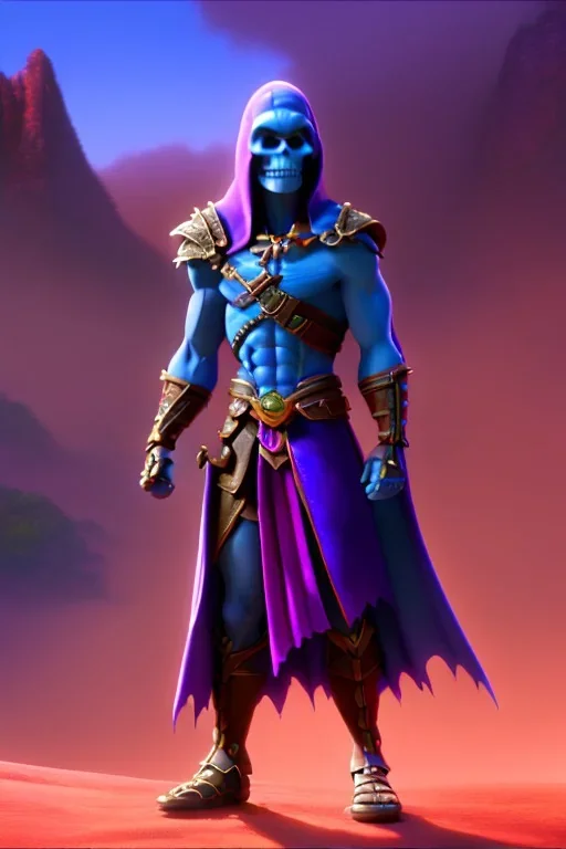 hyper realist, hyper detailed, stunningly beautiful Skeletor, mo-di Cartoon style