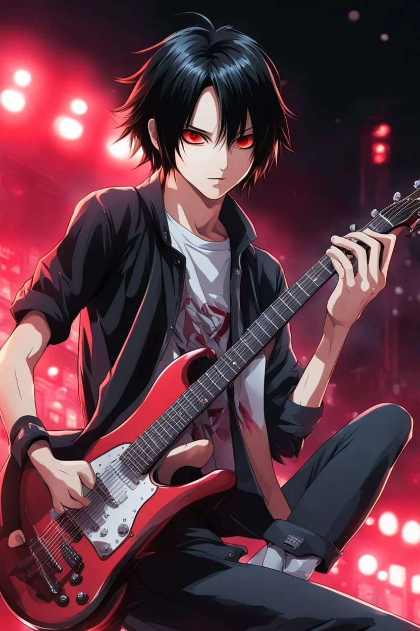 A 30 years old male guitarist playing guitar at a midnight concert, red creepy alien eyes, black hair, athletic build, correct hands, in the style of manga "Rosario+Vampire"