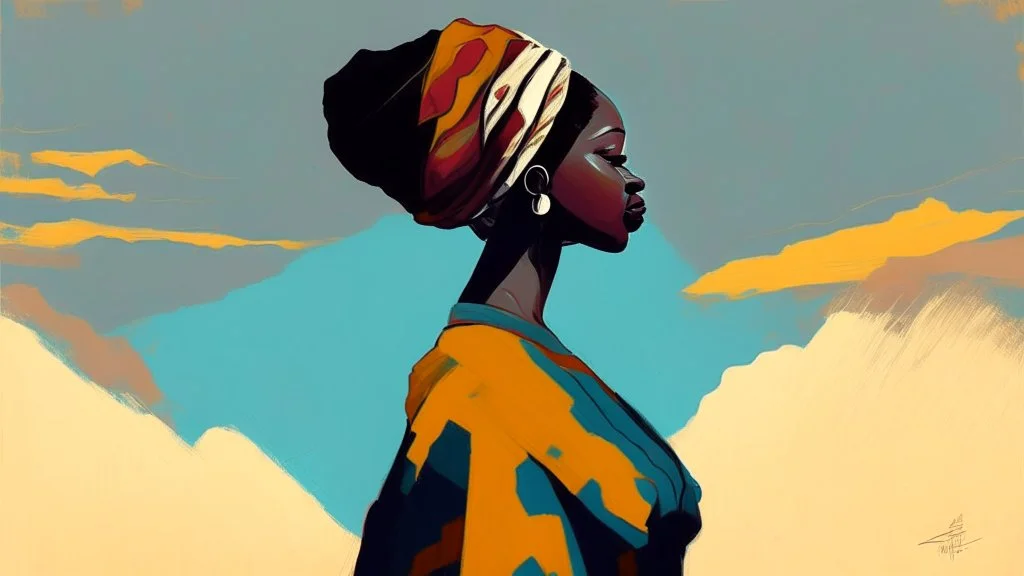 Design, African woman, oil painting, featureless, graphic, drawing without facial features, background, sky, traditional clothes, cartoon, looking left