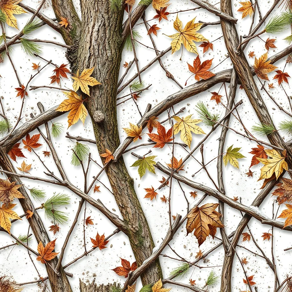detailed Real Tree Camouflage made of sticks, twigs, tree bark, green pine branches, dried maple leaves, snow and dirt, white background, seamless repeatable texture camo pattern