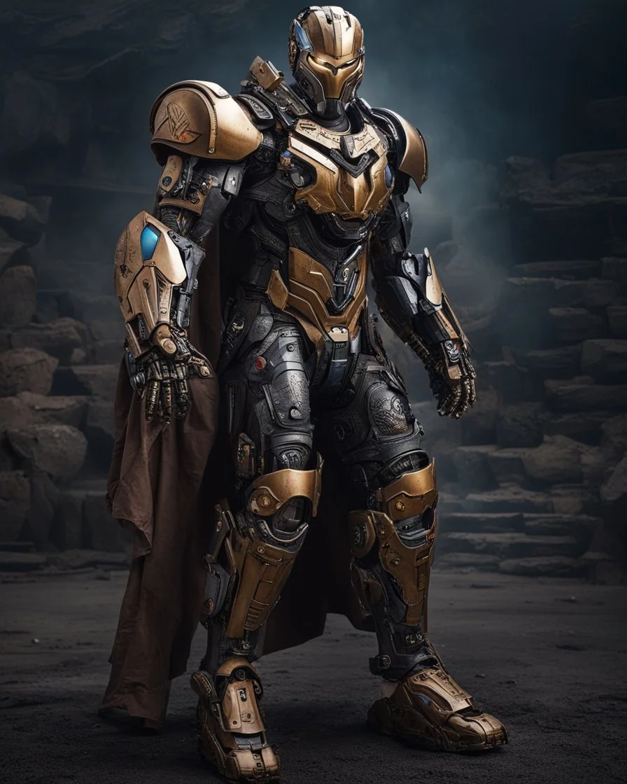 A brave iranian warrior with leather and metal combat clothes robotic metal with Chafee robo fighter, thanos