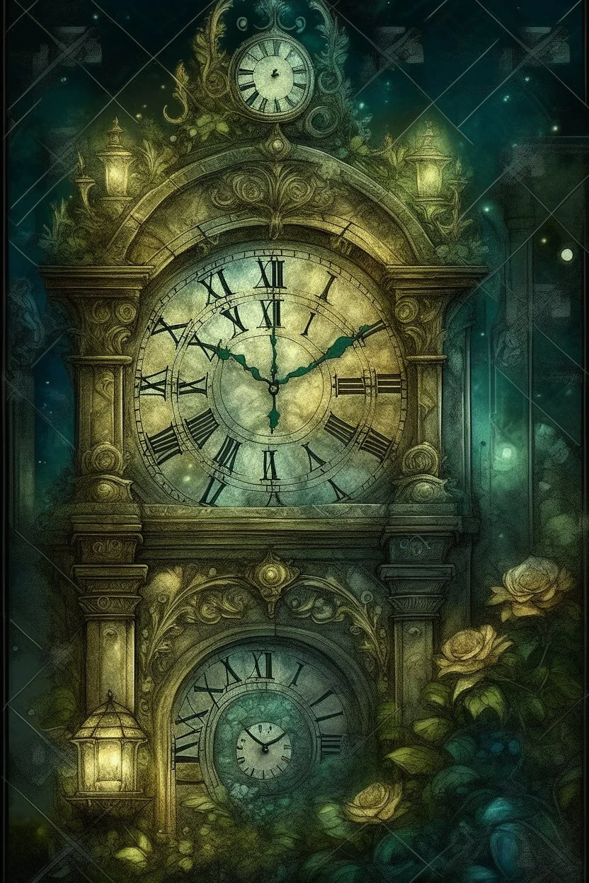 antique carved clock close-up on a stone tower covered with ivy and roses against the background of a night-time fairy-tale city, magic, magical lighting effect, illustration to a fairy tale, multilayer watercolor, fireflies, fine drawing of details with pencils, realistic, digital art, colors grey, emerald, umbra, beige, gold