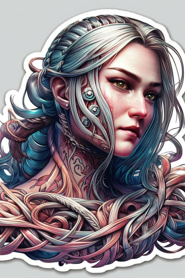 a sticker with a drawing of a woman's face, cyberpunk art, inspired by Marco Mazzoni, Artstation, fantasy art, fractal veins. cyborg, in the style dan mumford artwork, girl with plaits, beautiful detailed body and face