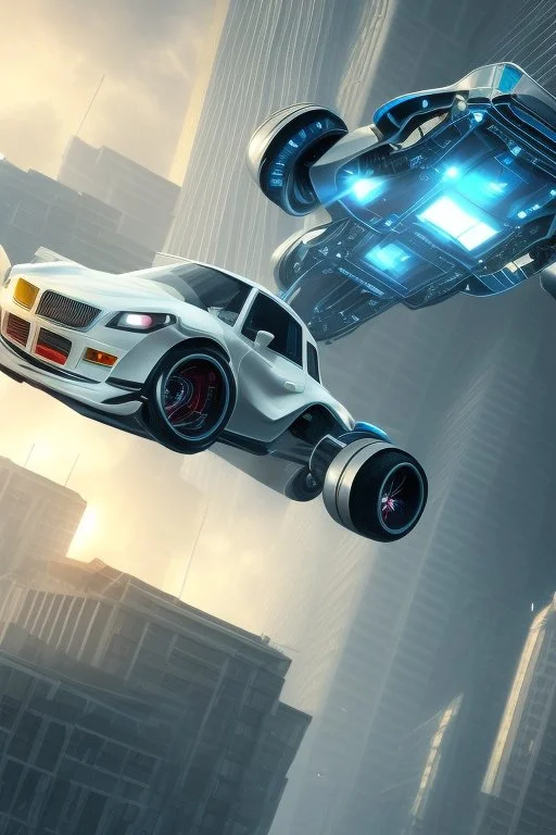 A flying car being drived by a robot between buildings in future city.