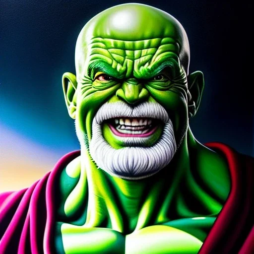 Ultra detailed fullbody Portrait in oil on canvas of Master Roshi merges with Hulk ,extremely detailed digital painting,extremely detailed face,crystal clear Big eyes, mystical colors ,perfectly centered image, perfect composition, rim light, beautiful lighting,masterpiece,8k, stunning scene, raytracing, anatomically correct, in the style of Wizyakuza and robert e howard and InHyuk Lee and Ohrai Noriyoshi and Simon Bisley.