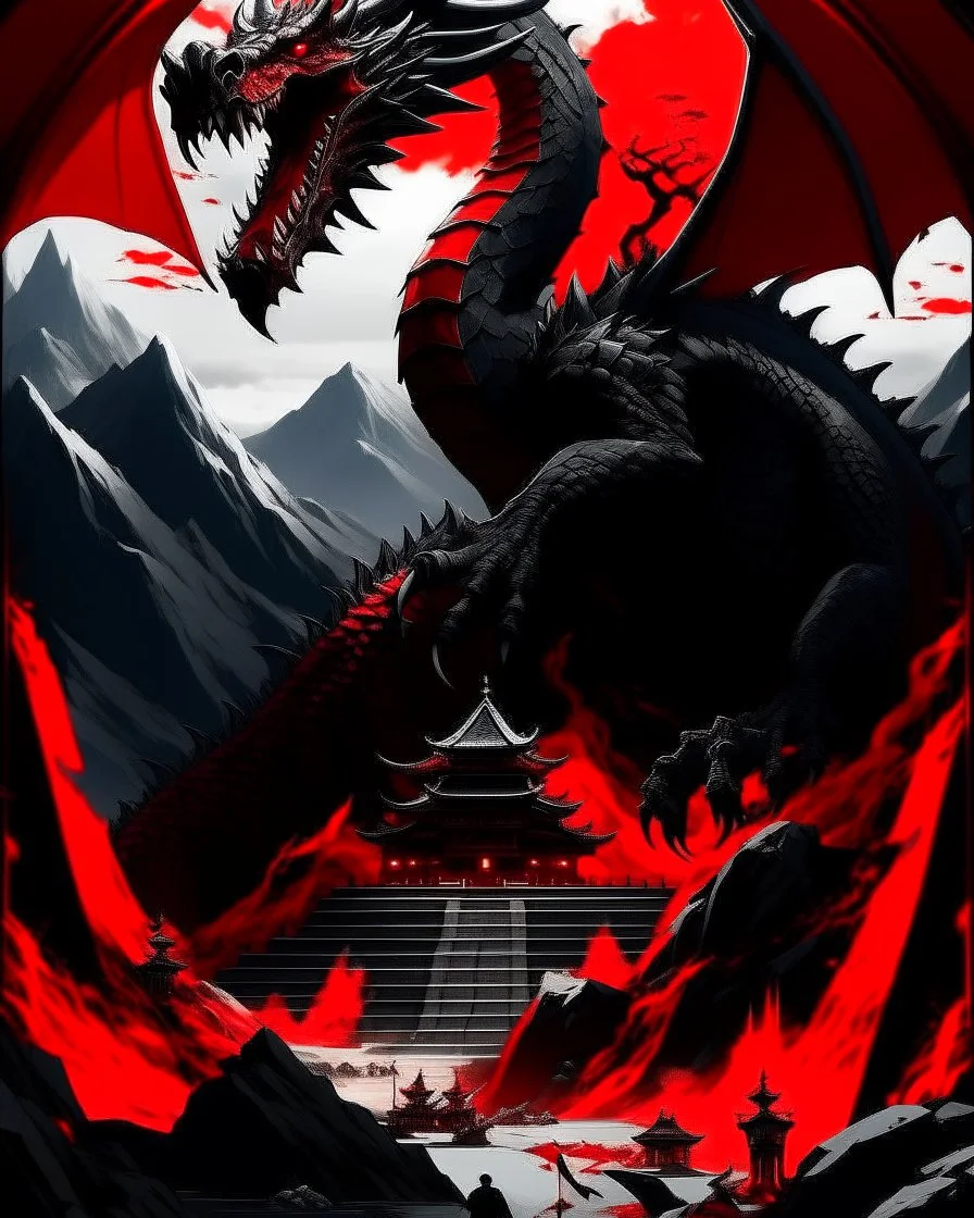 mountains, red and black, red Japanese temple, dinosaur with two horns, shrine