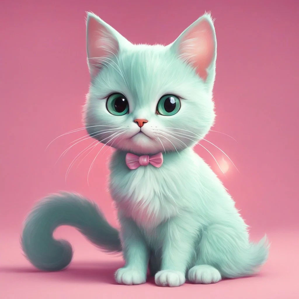 A delightful and adorable cartoon illustration featuring a cute mint-colored cat against a charming pink background, (delightful illustration:1.4), (adorable cartoon cat:1.5), (charming pink background:1.3), (expressive mint hues:1.2), inspired by the styles of cute cartoon artists, trending on ArtStation, Intricate, Sharp focus, vibrant lighting, (whimsical:1.4), (playful ambiance:1.3), (lush fur details:1.5), Cartoon, Masterful, Captivating, High Detail, Cinematic view