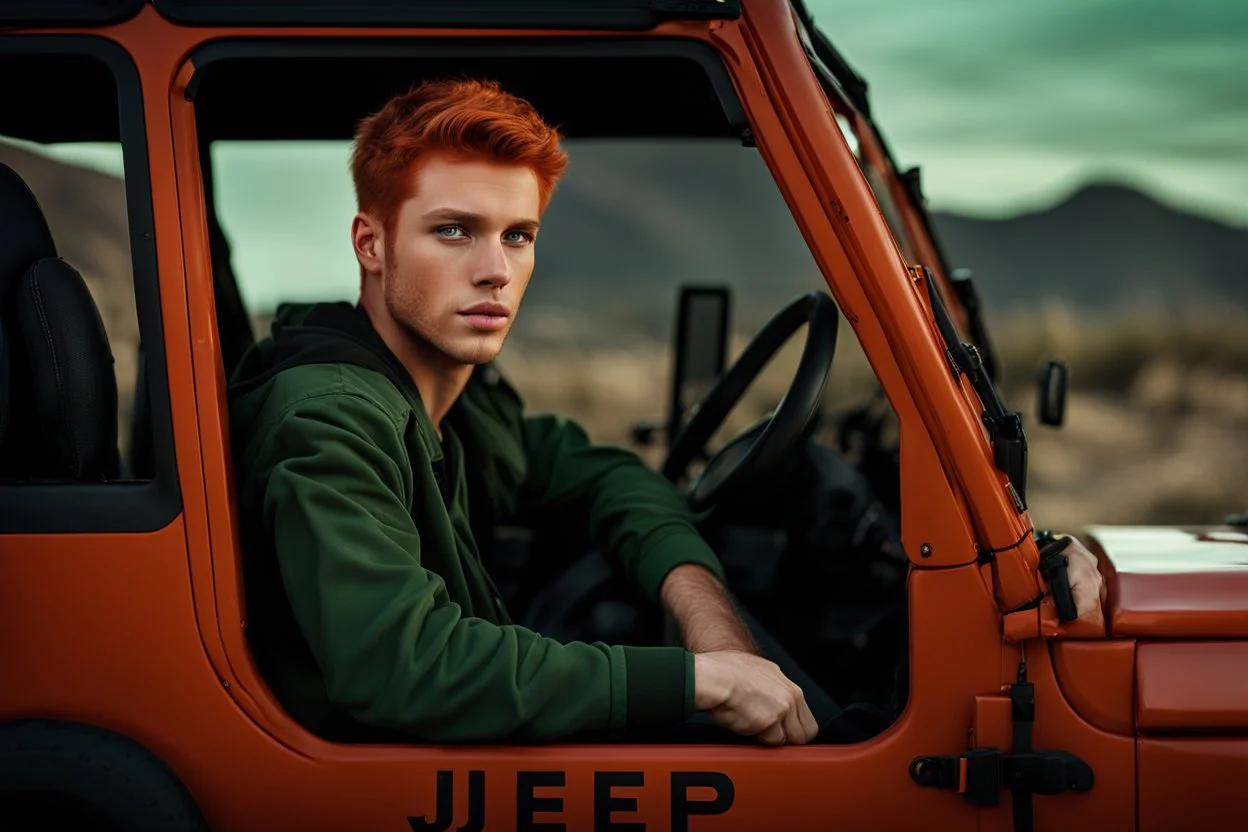 Young male with red hair and green eyes sitting in a jeep close up photo realistic