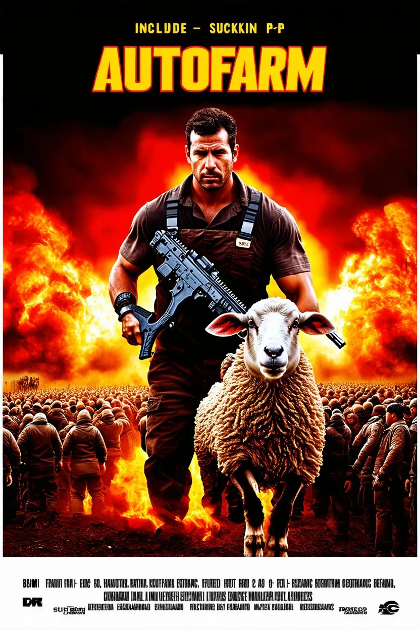 "Create a 90s-style action movie poster titled 'AUTOfarm. Include the (subtitle 'BMI - Suckin-p-p' prominently) Feature a heroic mechanic battling thousands of people with a spanner, and in the background, show a sheep holding a machine gun. The scene should be intense and dynamic, capturing the high-energy and gritty aesthetic of classic 90s action films.