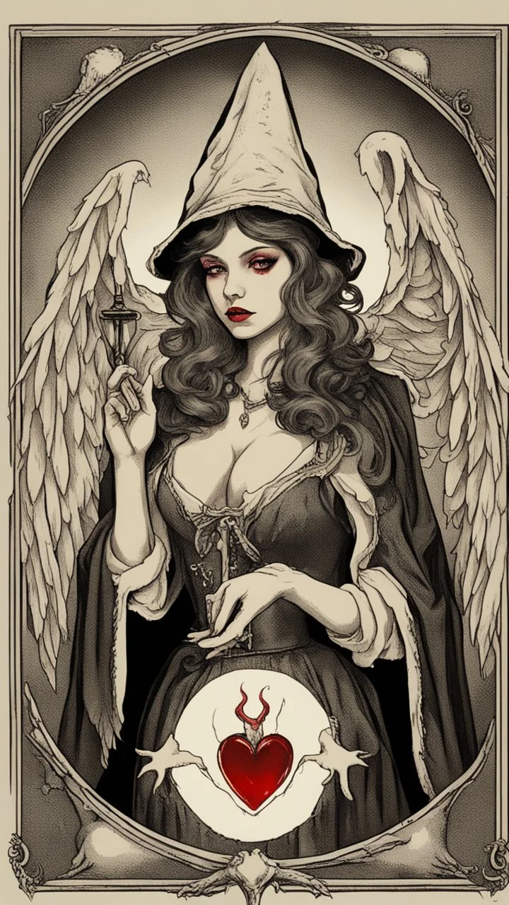 Wizard vintage girl with heart bleed in her hands, half demon and half angel,