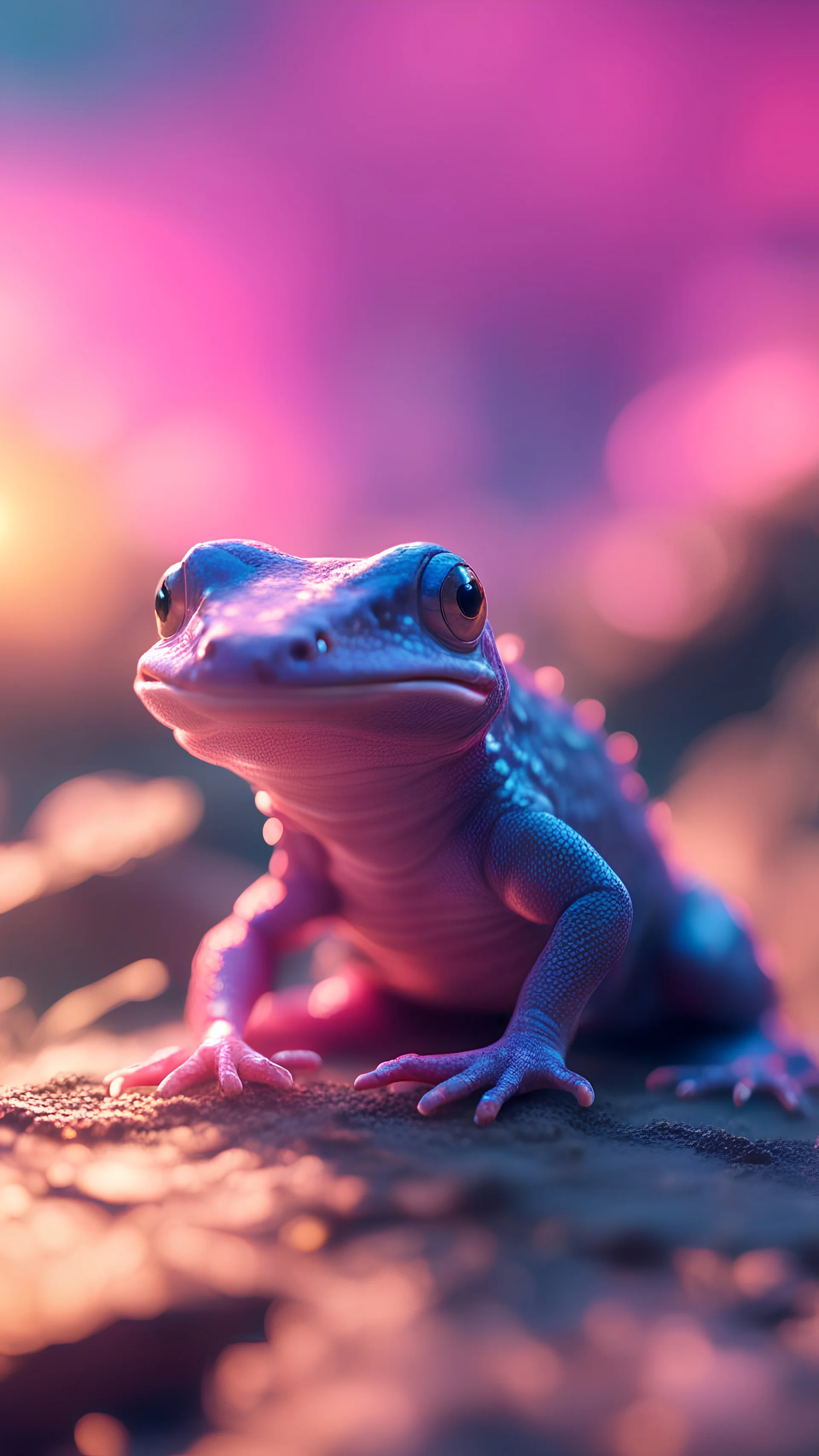 a vaporwave salamander , 3D, tilt-shift photografy, Crepuscular rays , Sharp on focus, ultra detailed, close-up.
