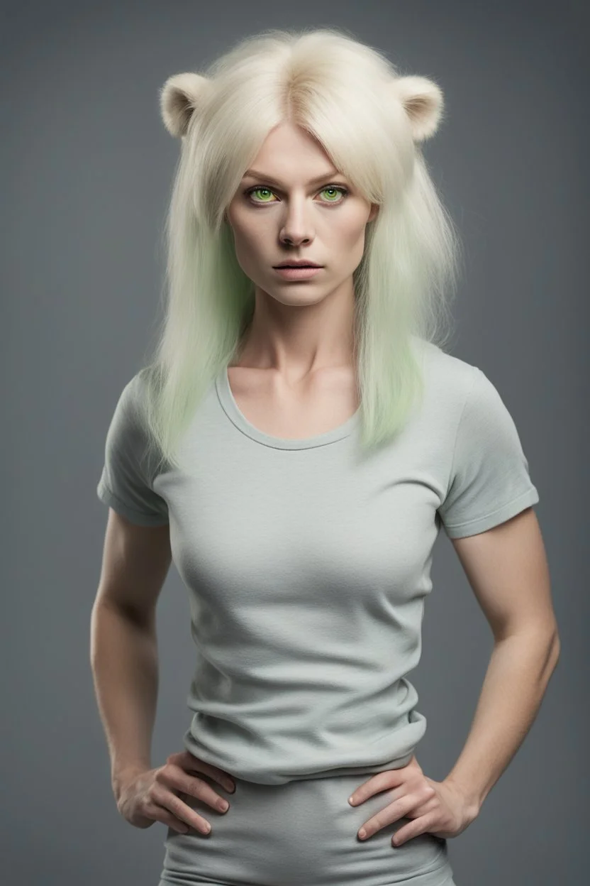 A full body portrait of an attractive stern polar bear gremlin woman with wig, shoulder-length blond hair tied in a tight knot, pale skin,light green eyes, muscular build, wearing grey t-shirt