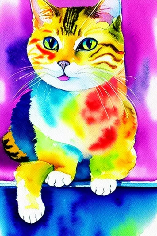 watercolor painting, happy cat, bright color,