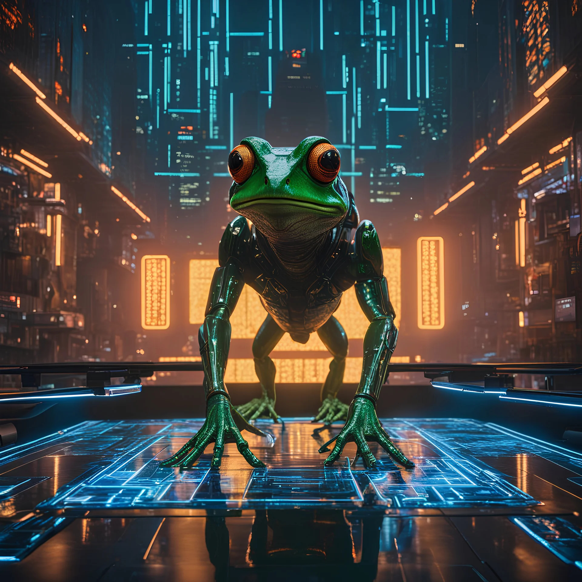 generate an evil giant ai hologram that looks similar to the bladerunner hologram, frog perspective, 8k , masterpiece, dark, evil, hologramm, ai, cables, regime controlled by the ai