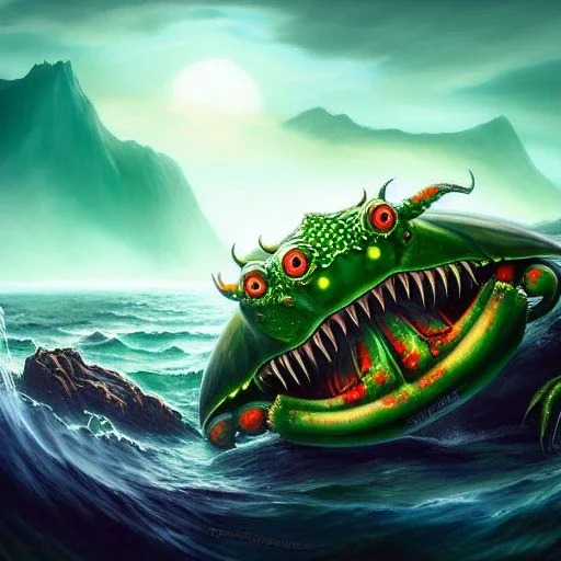 ultra detailed fullbody Drawing of Sea monster Gigantic green Alien Crab on the shore ,open mouth, with sharp teeth, with glowing red eyes,with humungus pincers, extremely detailed digital painting, intrincate, extremely detailed face,crystal clear Big eyes, in the style of Frank Frazetta, mystical colors , perfectly centered image, perfect composition, rim light, beautiful lighting, 8k, stunning scene, raytracing