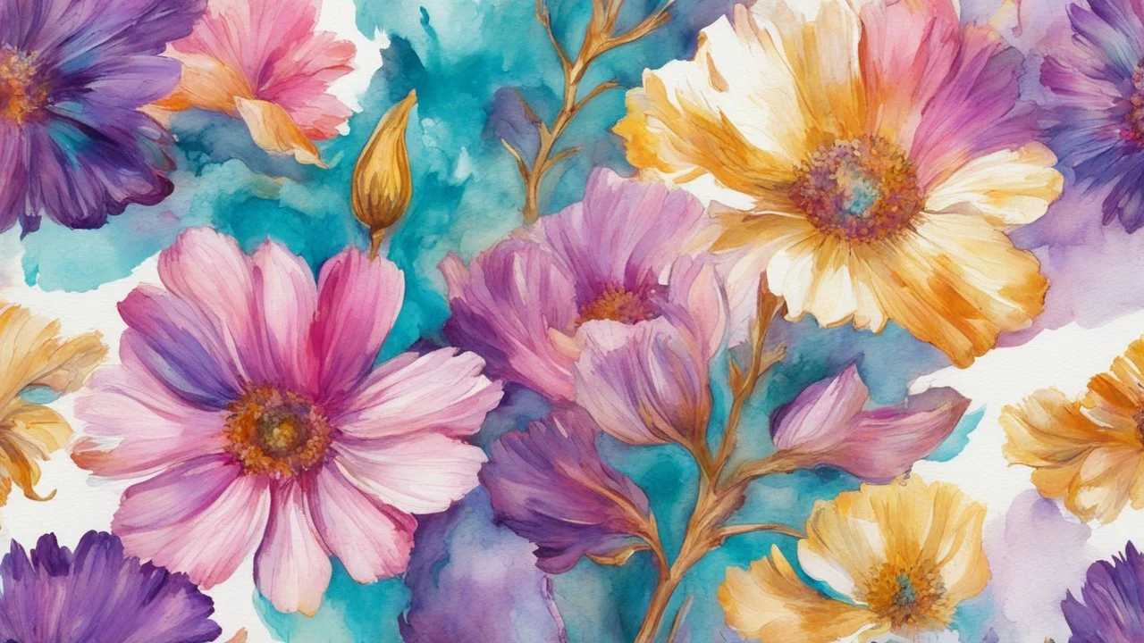 pink , purple, turquoise and gold flower van Gough water color on white background