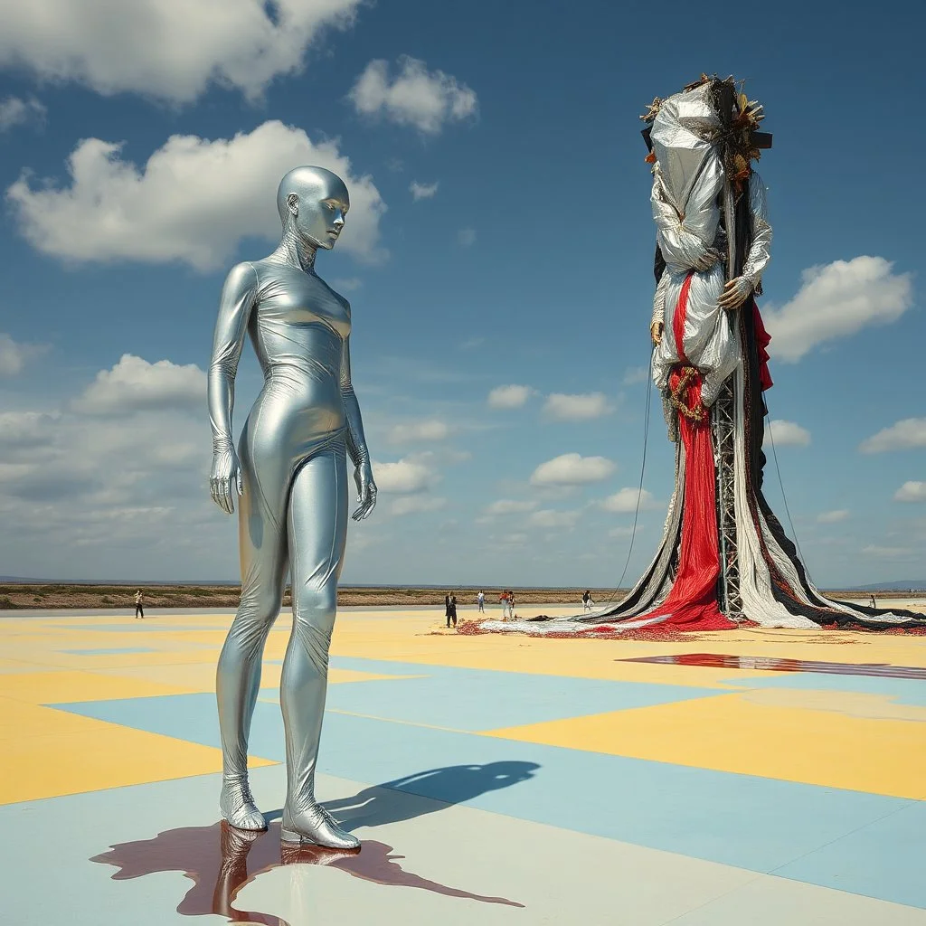 Fotografia di varie strutture in forma di essere umano stilizzato e allungato ricoperto di latex attillato argentato, su una superficie piatta di colore azzurro chiaro e giallo pastello. Di fianco si erge una gigantesca struttura di forma indefinita, fatta di materiali vari, ricoperta dallo stesso materiale plastico argentato, rosso, nero, che scende a terra con macchie. Yves Tanguy, paranoic, Aria aperta, sole, nuvole, glossy, surreal, hasselblad h6d400c --ar 85:128 --v 6.